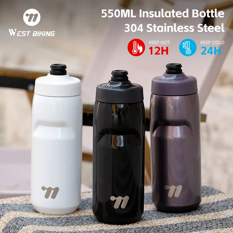 WEST BIKING Insulated Cycling Water Bottle Cold Keep 304 Stainless Steel Vacuum Flask Dual Lid For Road Mountain Bike Hydration