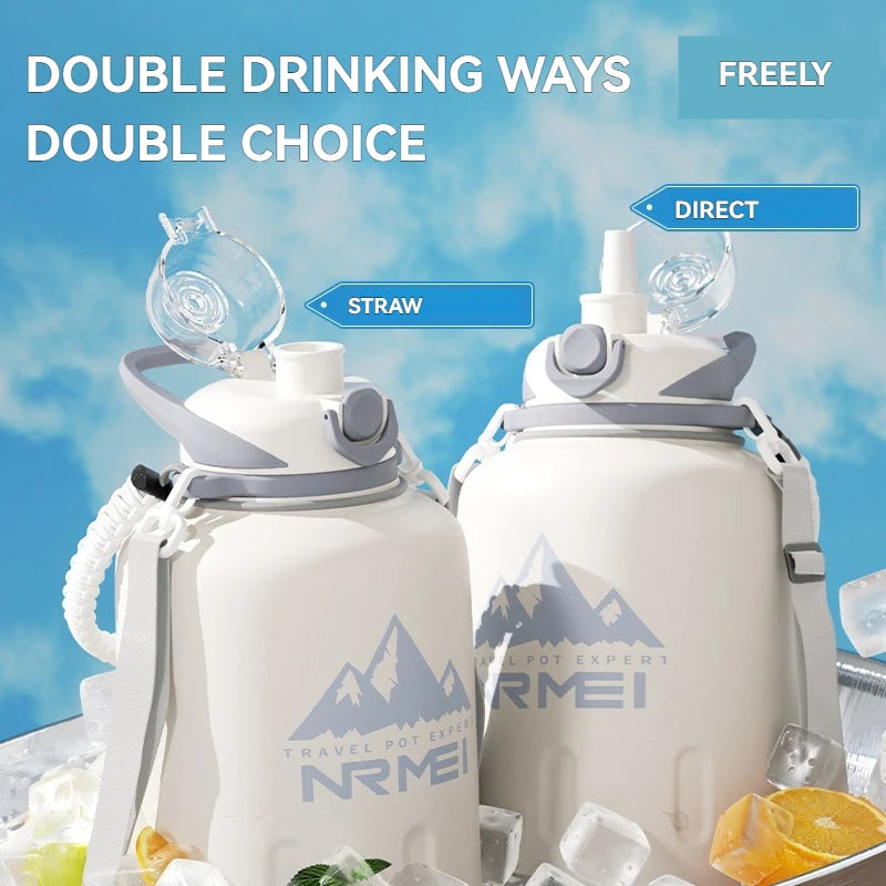 2L Stainless Steel Bottle Thermos Insulated Tumbler Outdoor Sports 316 Vacuum Flask with Rope and Straw Bottle